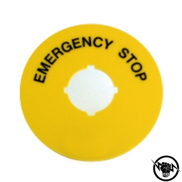 Кръгъл диск, Ф70, жълт, с надпис EMERGENCY STOP, за бутони Ф30