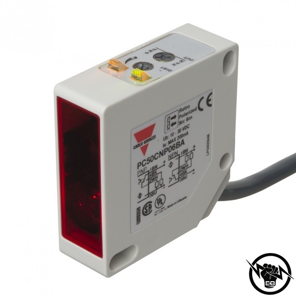 Фотоелектрически ретро-рефлекторен сензор с поляризация - корпус от пластмаса (50 x 50 x 17 mm), Обхват: 6 m, изход реле - CO, захранване 12 - 240 V DC, 24 - 240 V AC, свръзване с кабел 2 m, раб. темп. от -20 до 60 °C, IP 67